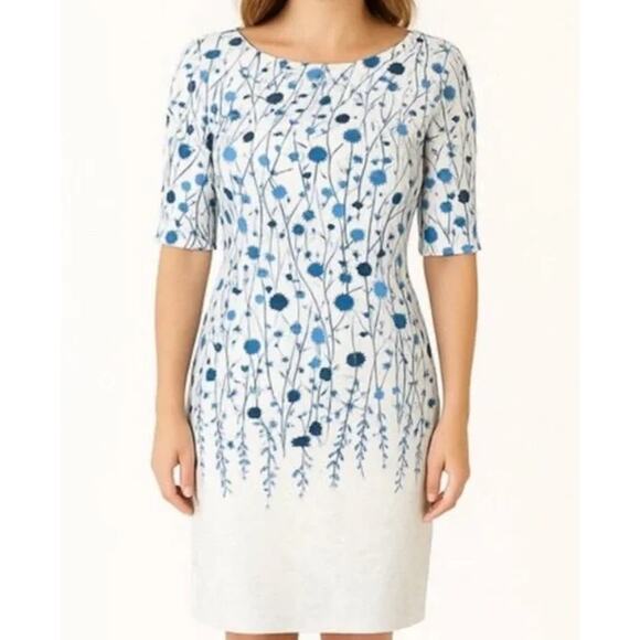 Boden Fleur Floral Sheath Dress Boat Neck Ombre Short Sleeve Midi White Blue - Picture 1 of 11